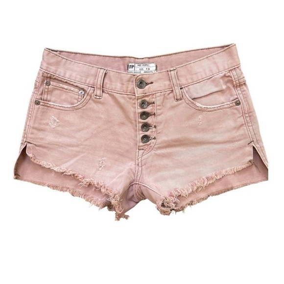Sz24 Free People Runaway Slouch Button Fly Raw Edge Distressed Shorts Pink EUC - Picture 5 of 12